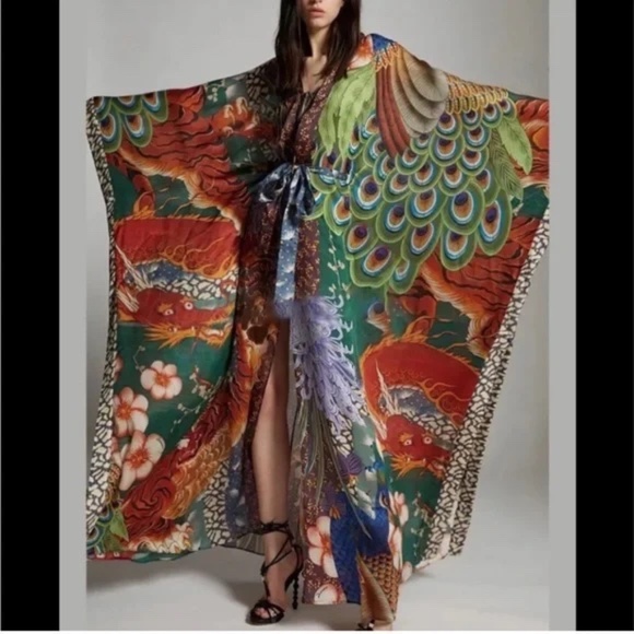 Bohemian Colorful Peacock Dragon Kimono Duster w/Sash Tie festival kaftan dress - Picture 1 of 8